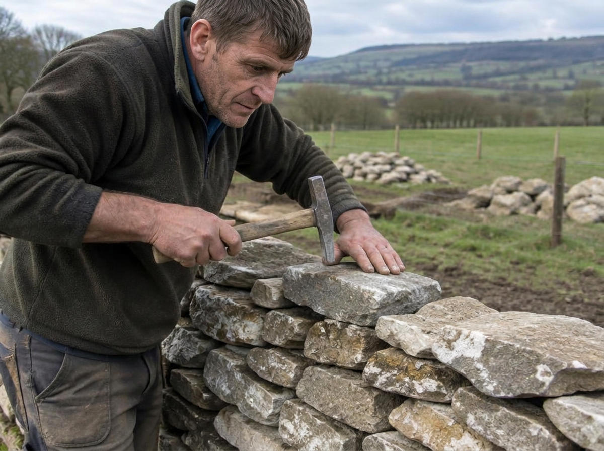 Shay building a traditional dry stone wall by hand