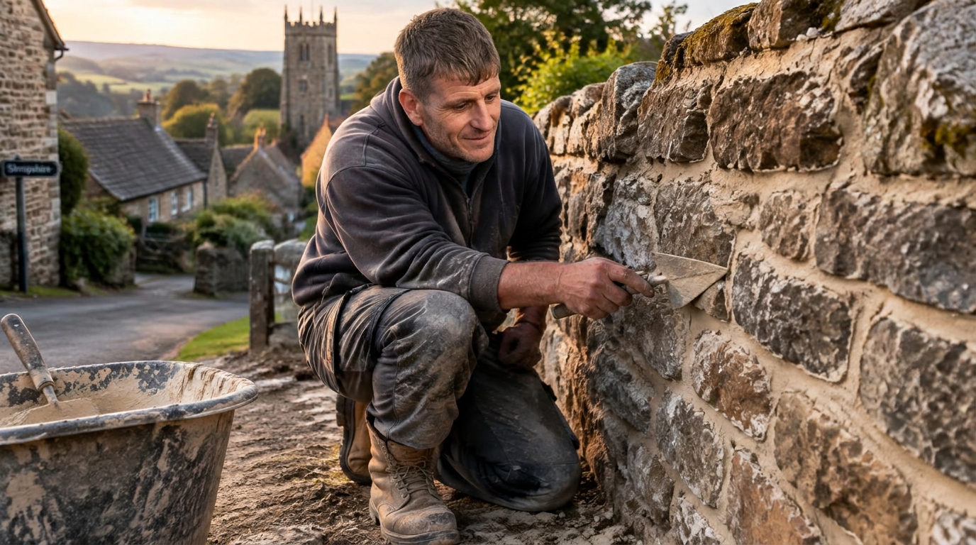 A craftsman applying lime mortar pointing to a traditional stone wall in the Shropshire countryside